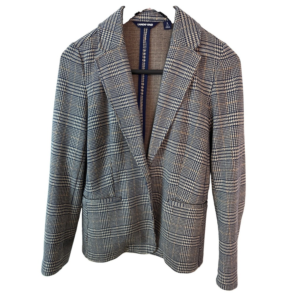 Lands' End Blazer FleeceNotchJacket Women's Sz Small RoyalBlue NeutralGlen Plaid